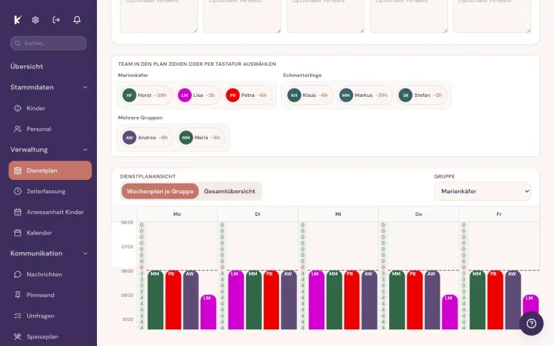 Wochenplan im Dienstplan der Kibly Web-App