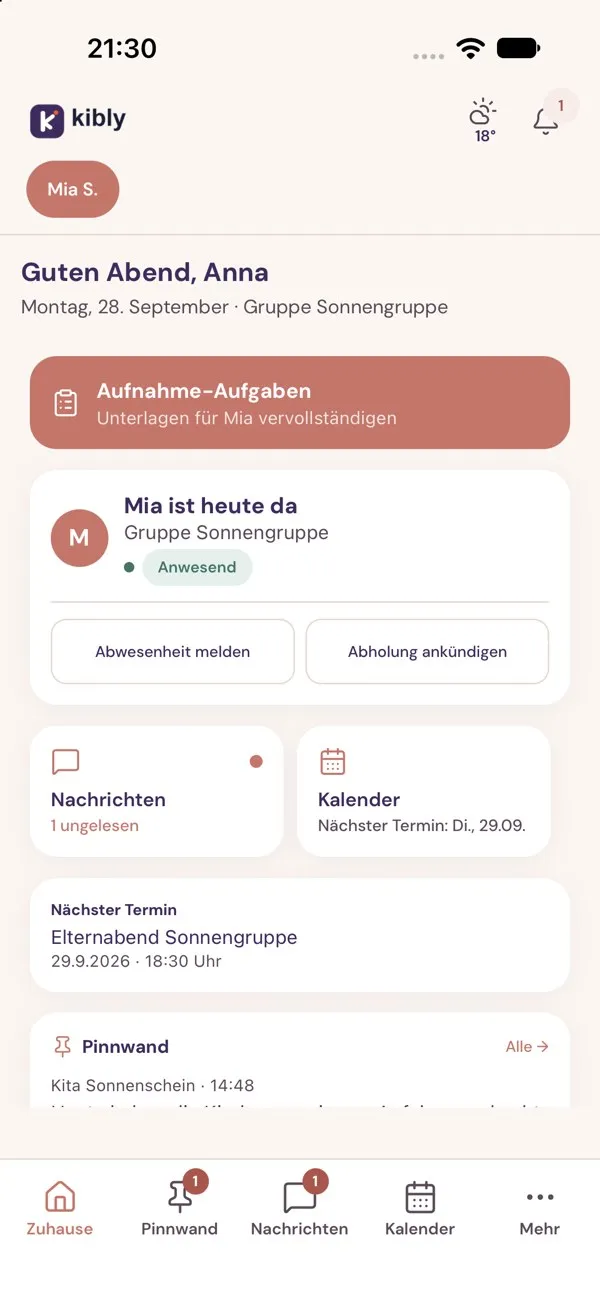 Startseite der Kibly Eltern-App