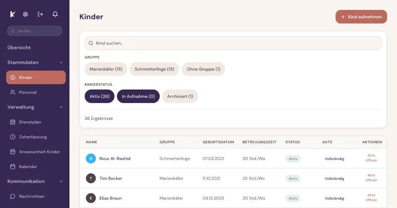 Kinderliste in der Kibly Web-App