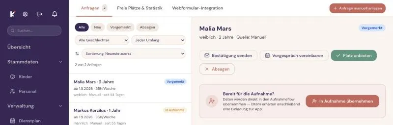 Warteliste in Kibly Aufnahme und Platzvergabe